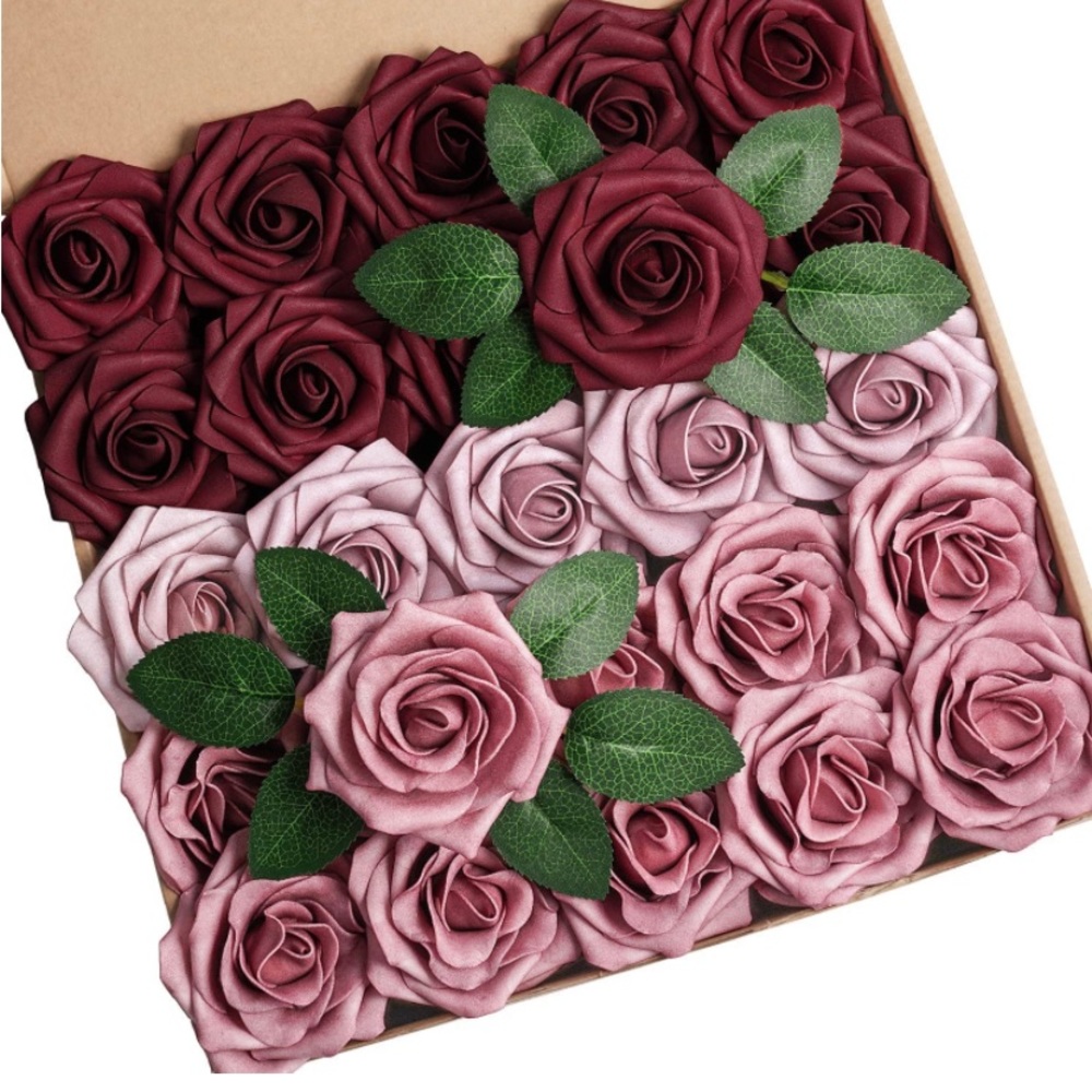 25 Count | Burgundy & Dusty Rose Shades Roses Wedding Bouquet Centerpiece Decor